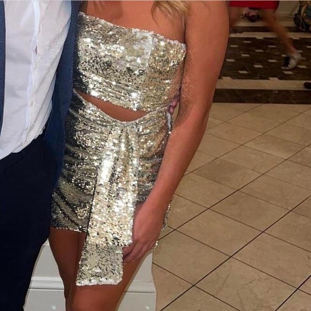 Silver/Gold Sequin Strapless Cutout Dress from Boutique
